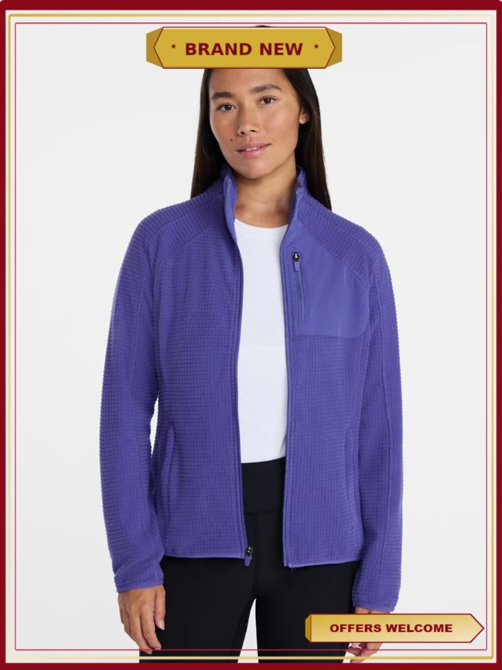 Mock Neck Fleece Jacket Zip Pockets Elastic Waist Cuffs